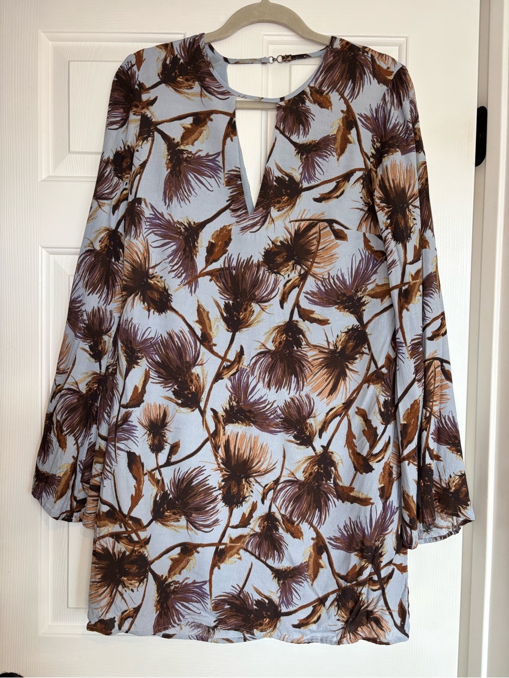 Kimchi Blue Light Blue Floral Mini Dress with Brown and Purple Accents